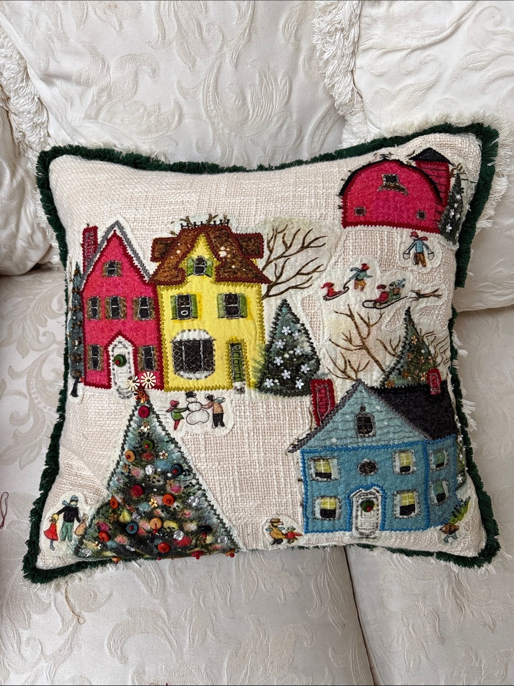 Hand-Embroidered Holiday Neighborhood Decorative Pillow - Multicolor